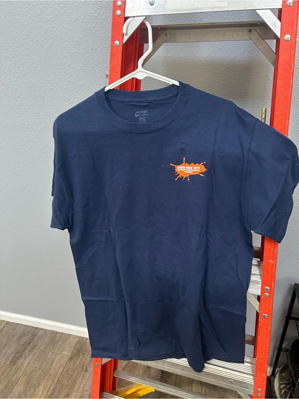Men's Navy Crewneck Greek Life T-Shirt with Orange Logo